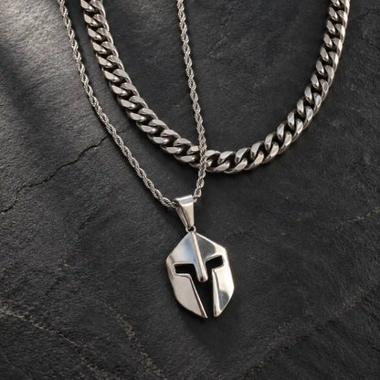 spartan helmet pendant necklace silver layered set birds eye display