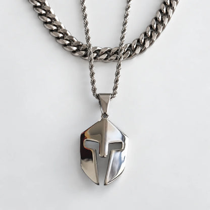 spartan helmet pendant necklace silver layered set white background