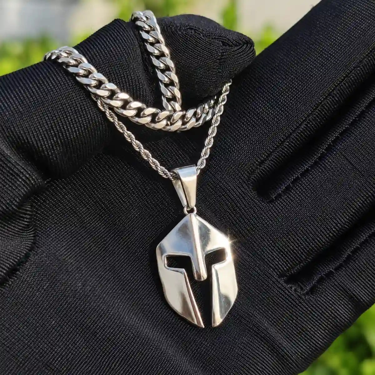 spartan helmet pendant necklace silver product detail black glove