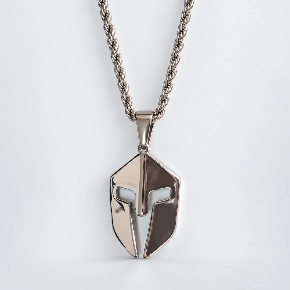 spartan helmet pendant necklace silver with rope chain white background