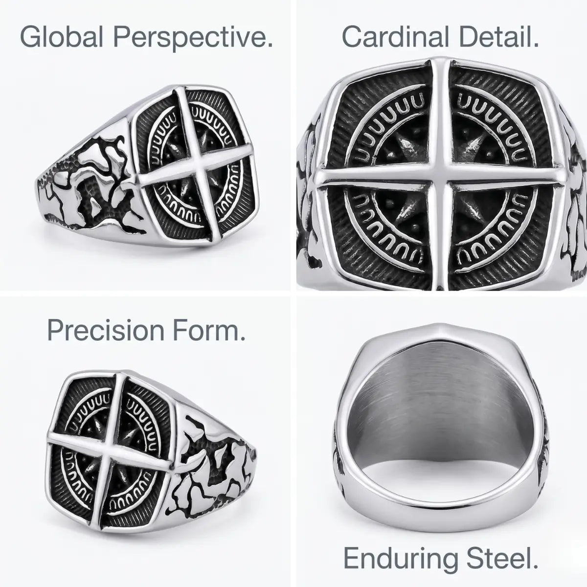 Square Compass Ring Design Features Premium Stainless Steel Global Map Jewelry