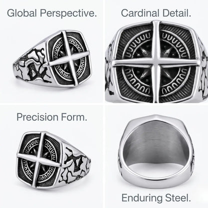 Square Compass Ring Design Features Premium Stainless Steel Global Map Jewelry