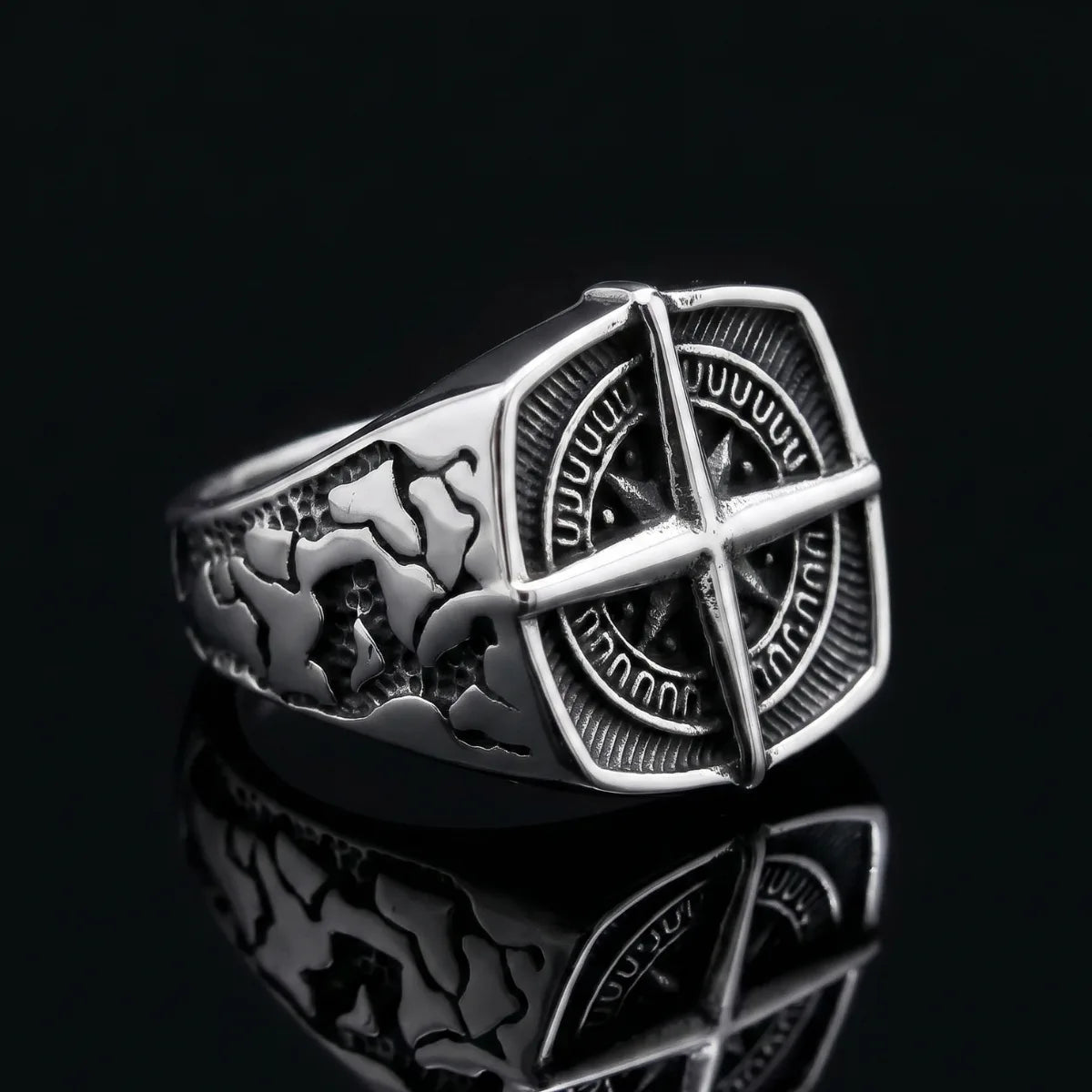 Square Compass Ring Front View Premium Stainless Steel Mens Travel Jewelry