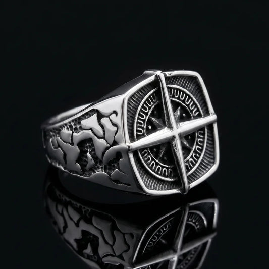 Square Compass Ring Front View Premium Stainless Steel Mens Travel Jewelry