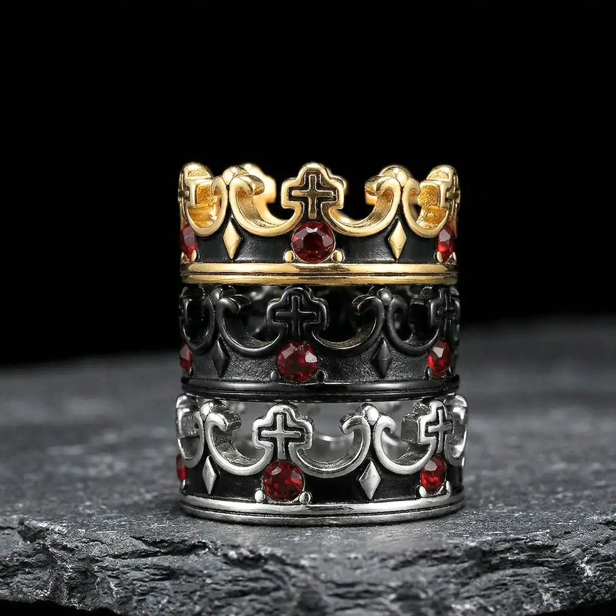 Stacked gold black and silver Red Stone Crown Rings