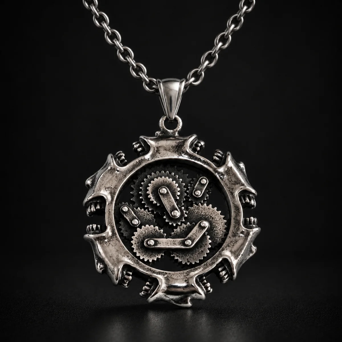 Steampunk Gear Necklace Pendant with Chain Black Background