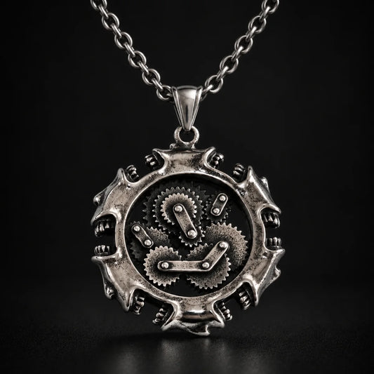 Steampunk Gear Necklace Pendant with Chain Black Background