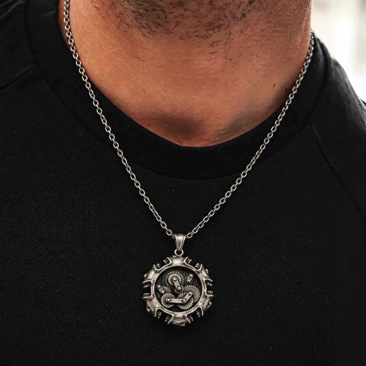 Steampunk Gear Necklace Pendant with Chain on Man