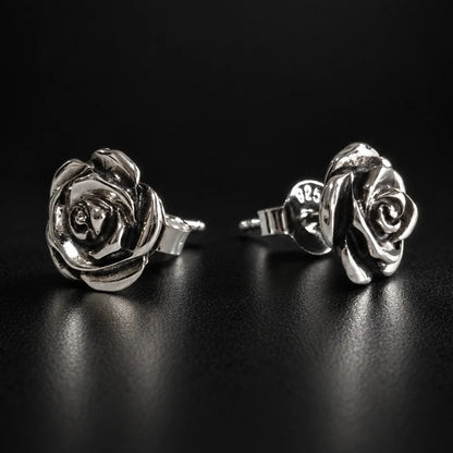 Sterling Silver Rose Stud Earrings Black Background