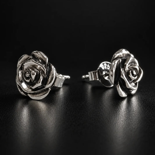 Sterling Silver Rose Stud Earrings Black Background