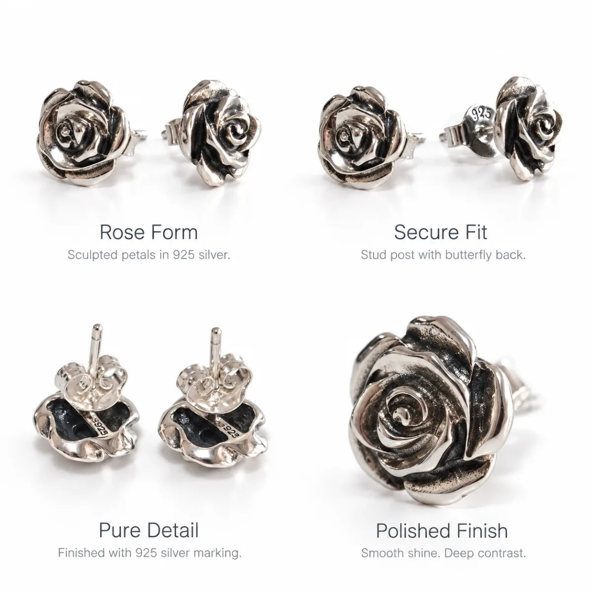 Sterling Silver Rose Stud Earrings Design Details
