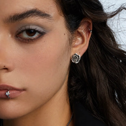 Sterling Silver Rose Stud Earrings on Woman