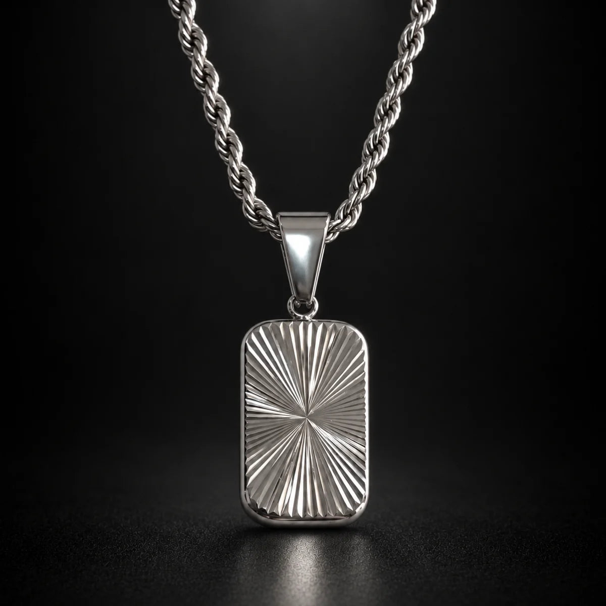 sunburst dog tag necklace black background hero