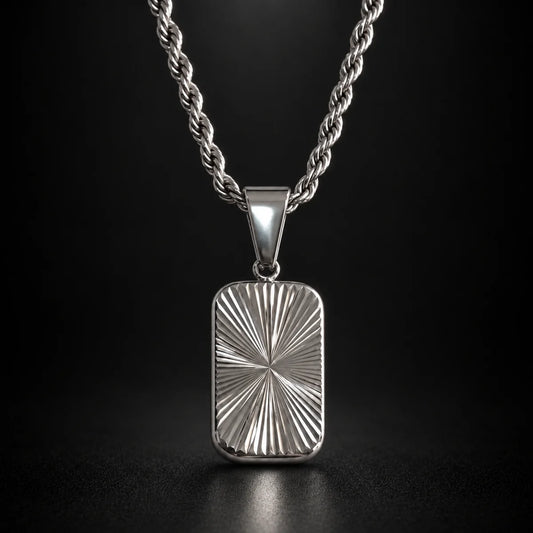 sunburst dog tag necklace black background hero