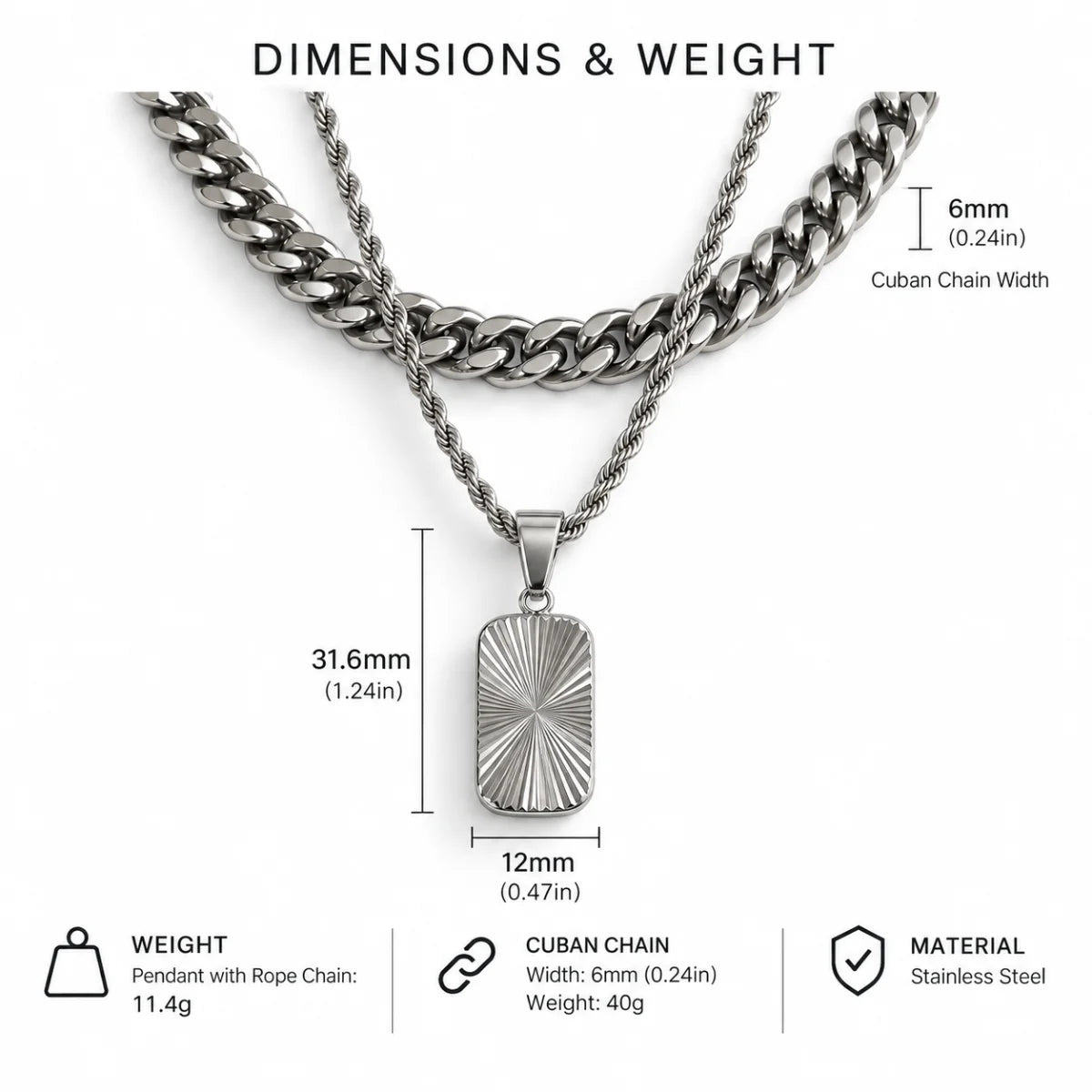 sunburst dog tag necklace dimensions and weight