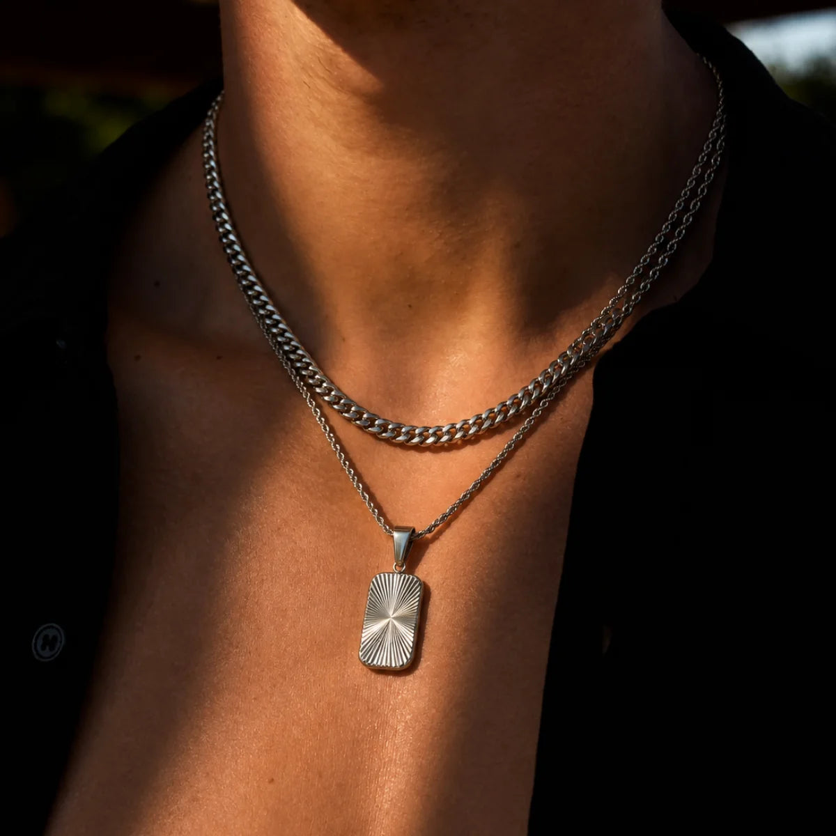sunburst dog tag necklace layered set lifestyle black shirt