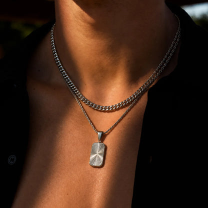 sunburst dog tag necklace layered set lifestyle black shirt