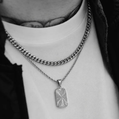 sunburst dog tag necklace layered set lifestyle white shirt