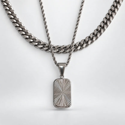 sunburst dog tag necklace layered set white background