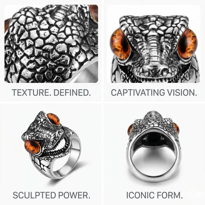 T-Rex Eye Ring Design Features Sculpted Scales Mens Reptile Jewelry