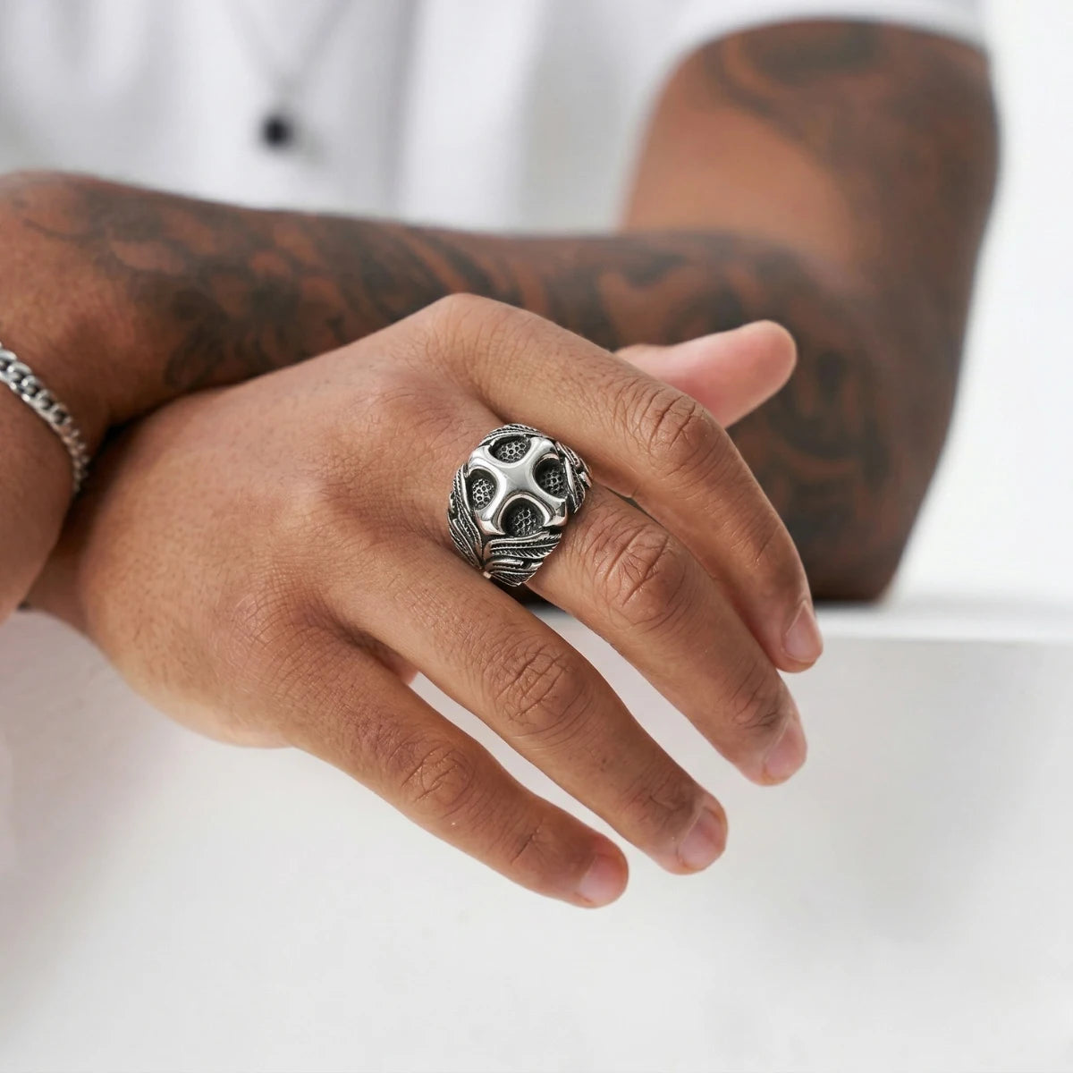 Tattooed Arm Wearing Vintage Floral Cross Ring Mens Biker Jewelry