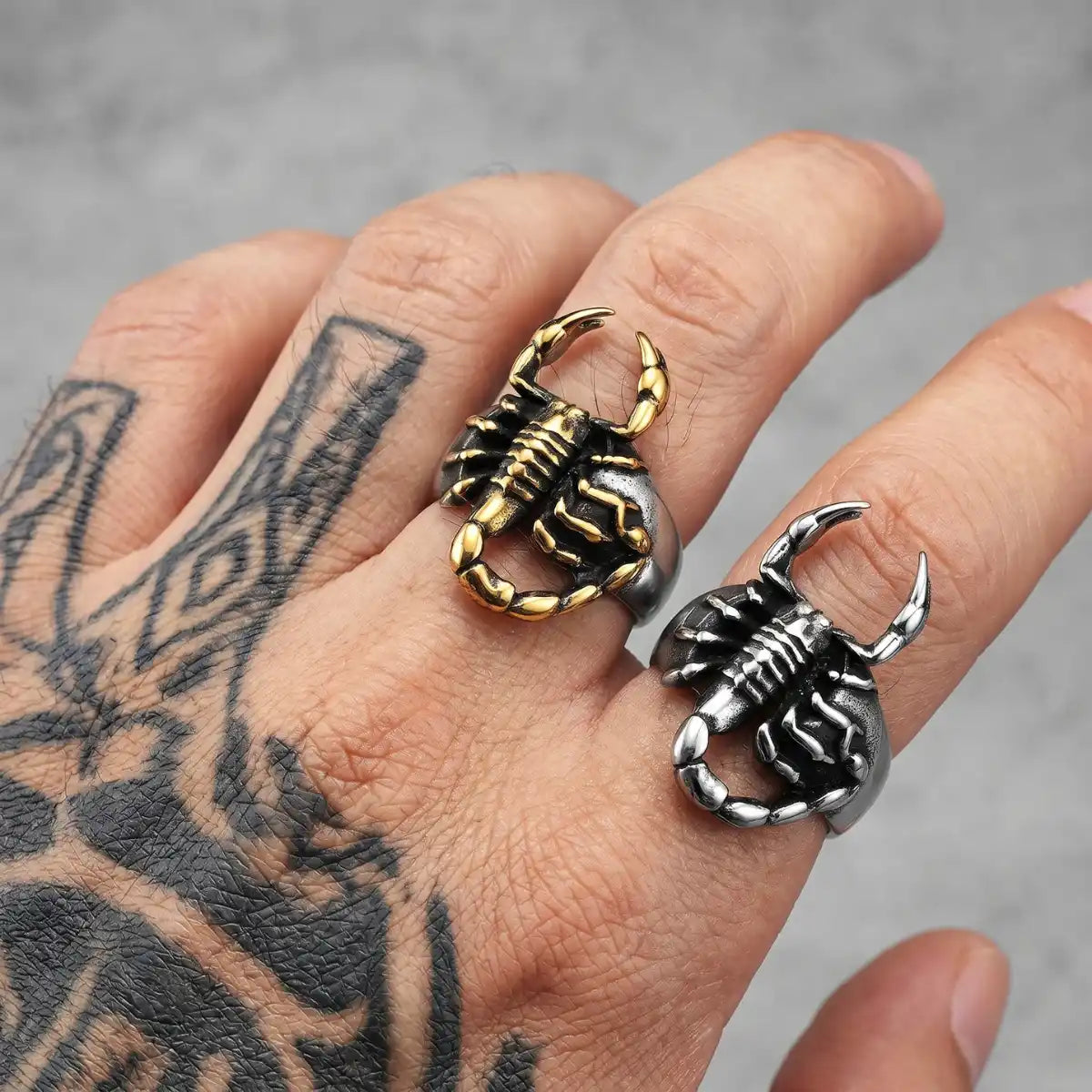 Tattooed Hand Wearing 3D Scorpion Rings Silver And Gold Alternative Biker Accessories