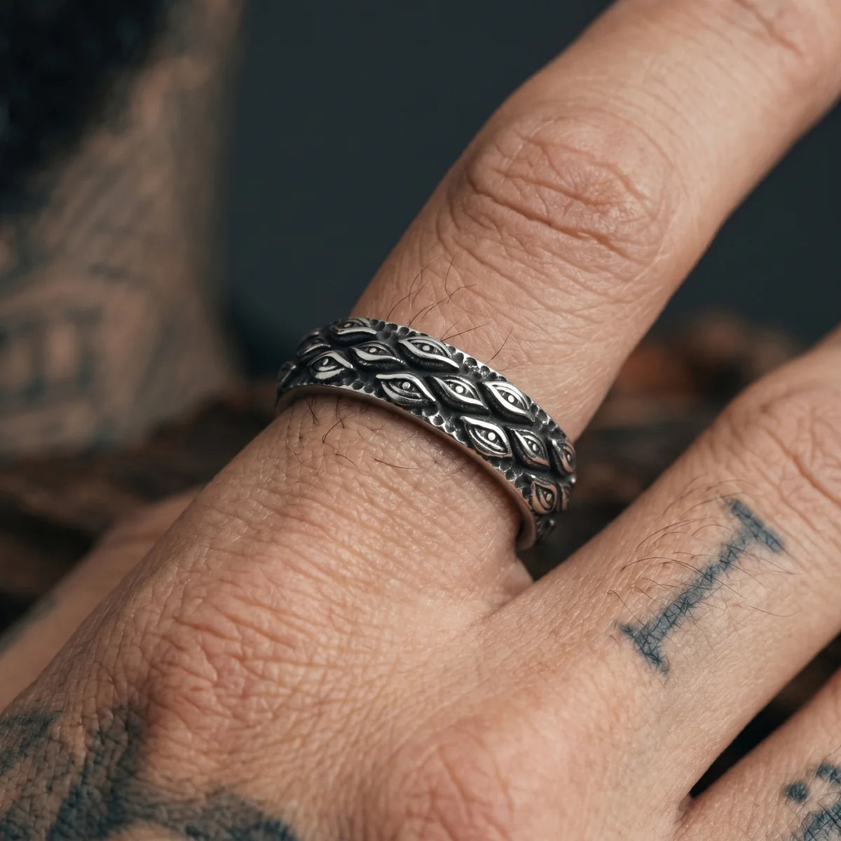 Tattooed Hand Wearing All Seeing Eye Band Ring Alternative Biker Accessories