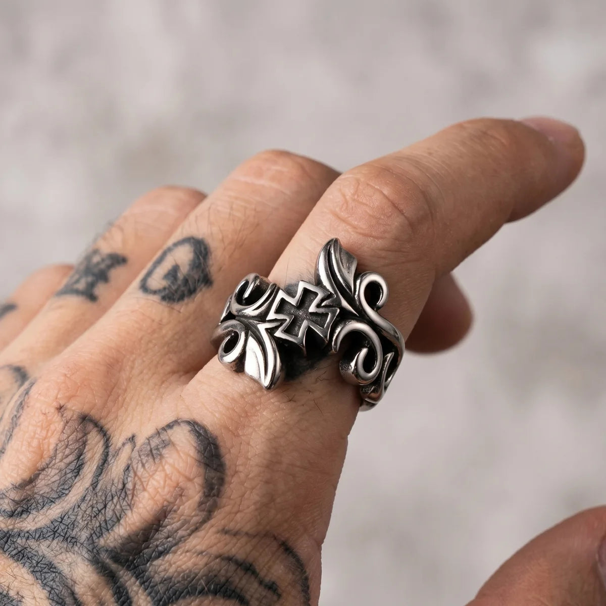 Tattooed Hand Wearing Bypass Cross Ring Alternative Biker Accessories