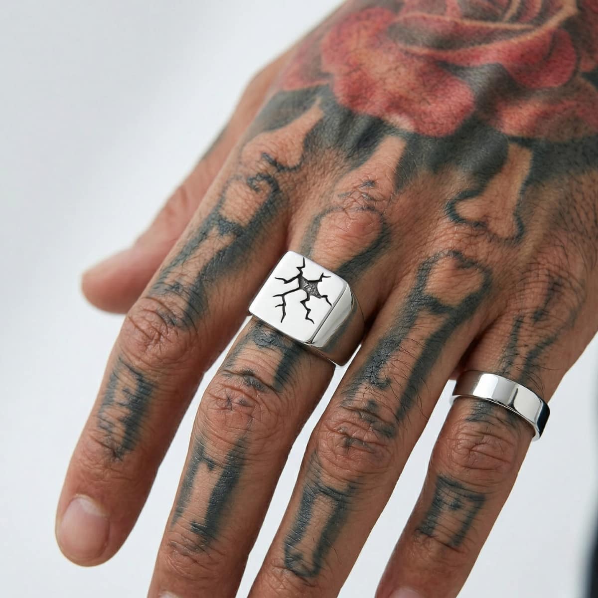 Tattooed Hand Wearing Cracked Signet Ring Square Mens Punk Jewelry