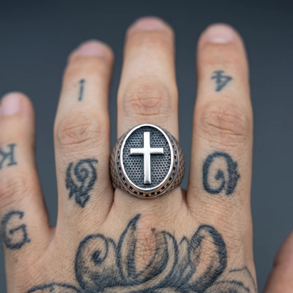 Tattooed Hand Wearing Dragon Scale Cross Ring Alternative Biker Accessories