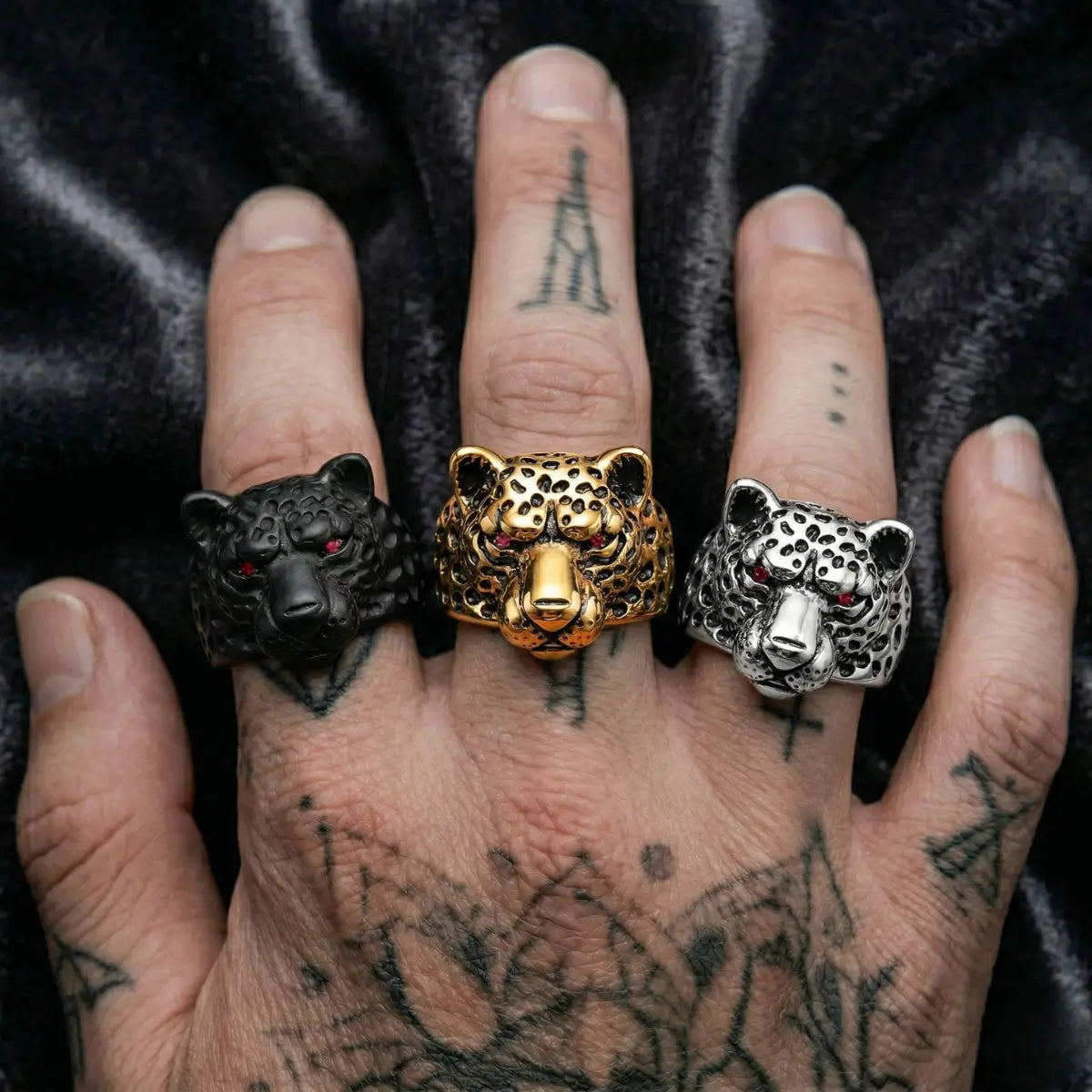 Tattooed Hand Wearing Jaguar Rings Silver Gold Black Punk Jewelry
