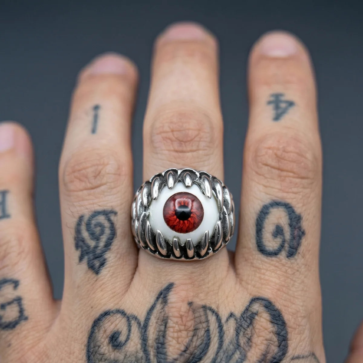 Tattooed Hand Wearing Prosthetic Eyeball Ring Silver Alternative Biker Accessories