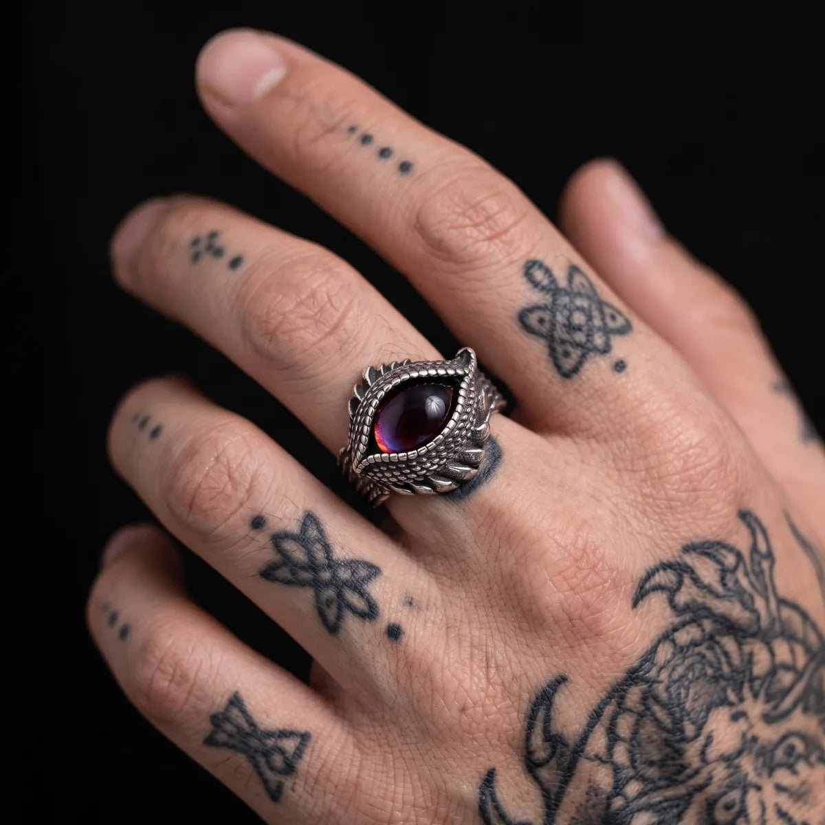 Tattooed Hand Wearing Scaled Eye Ring Gothic Monster Jewelry