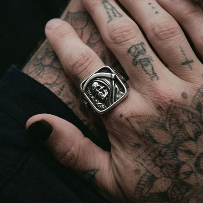 Tattooed Hand Wearing Scythe Ring Style A Mens Biker Jewelry