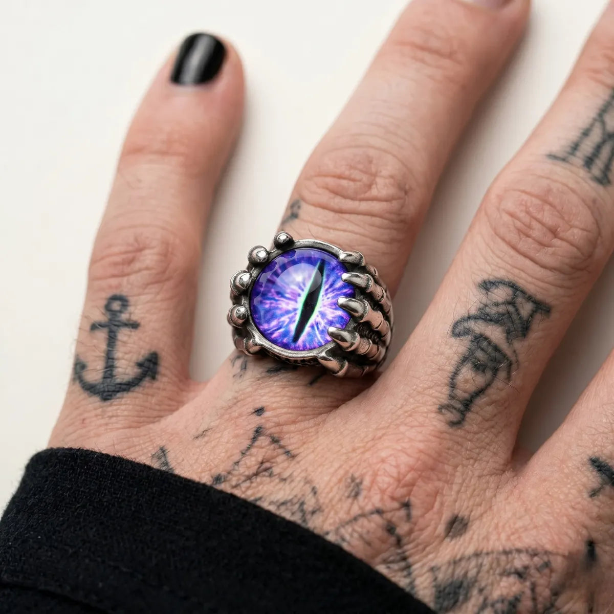 Tattooed Hand Wearing Skeleton Eye Ring Purple Eye Witchy Punk Accessories