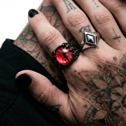 Tattooed Hand Wearing Skeleton Eye Ring Red Eye Black Alternative Biker Accessories