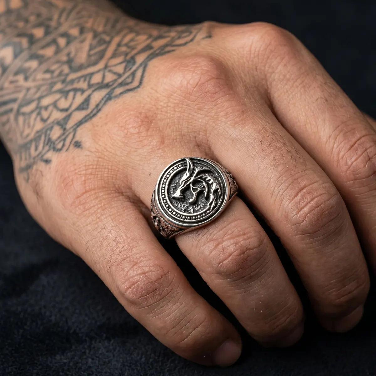 Tattooed Hand Wearing Tribal Wolf Signet Ring Silver Alternative Biker Totem Accessories
