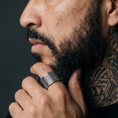 Tattooed Man Wearing 13mm Textured Band Ring Alternative Mens Wedding Bands