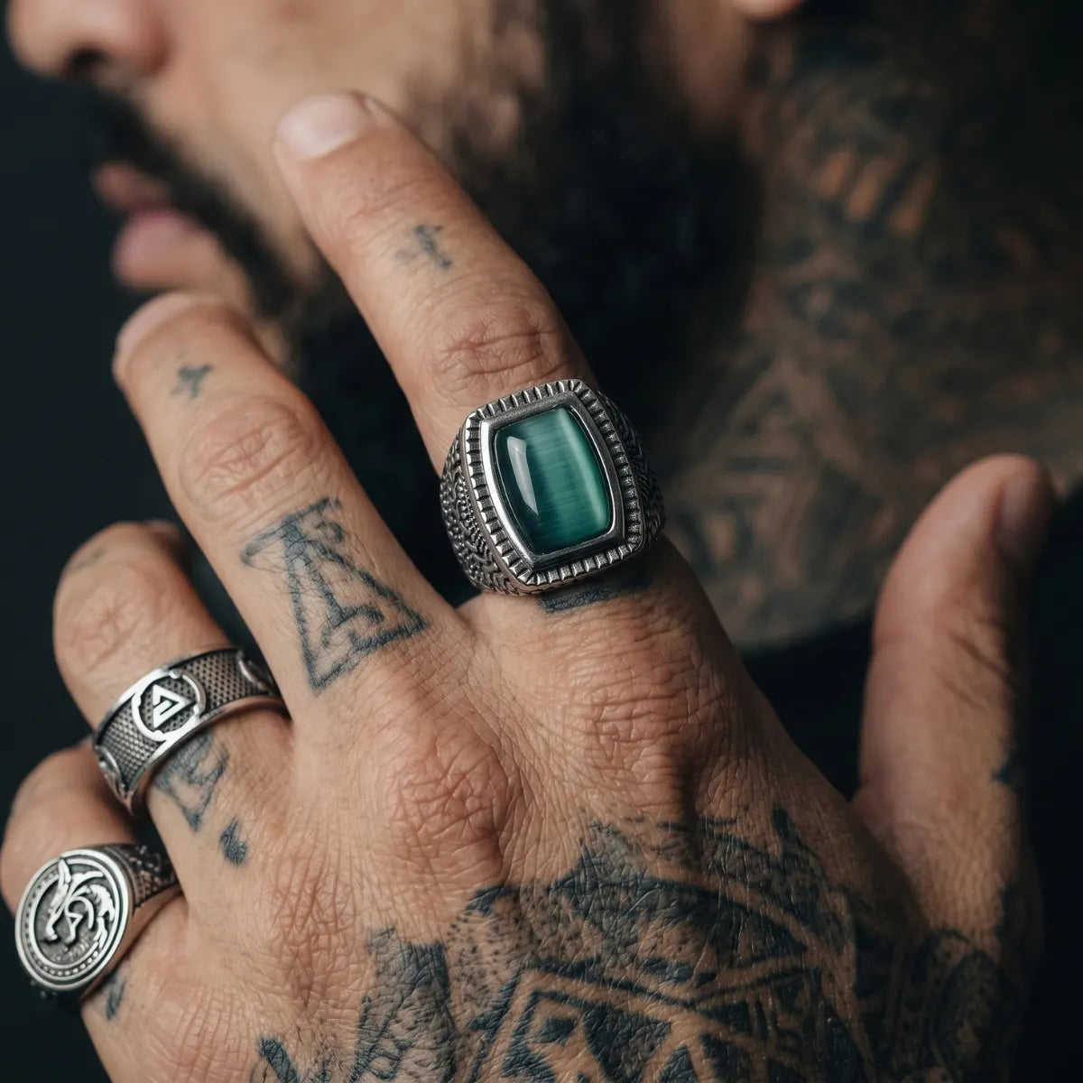 Tattooed Man Wearing Rectangular Cat Eye Signet Ring Alternative Biker Accessories