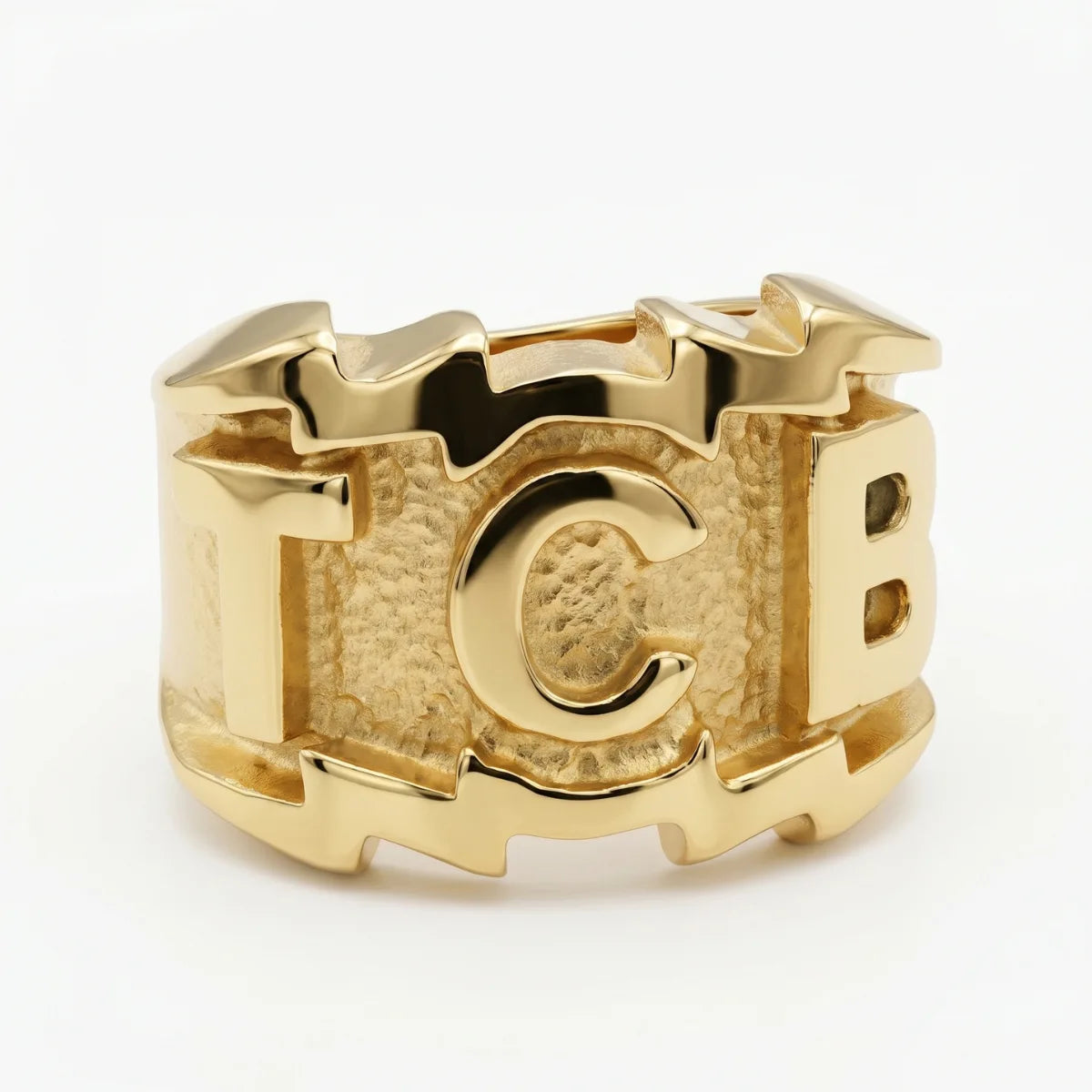 TCB Ring Gold White Background Vintage Musician Tribute Jewelry