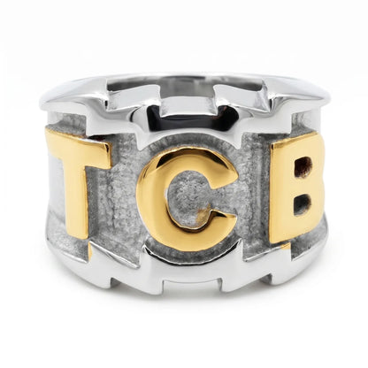 TCB Ring Silver And Gold Dual Tone White Background Retro Mens Accessories