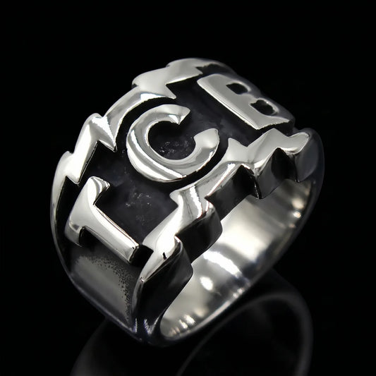 TCB Ring Silver Front View Premium Stainless Steel Mens Rock And Roll Jewelry