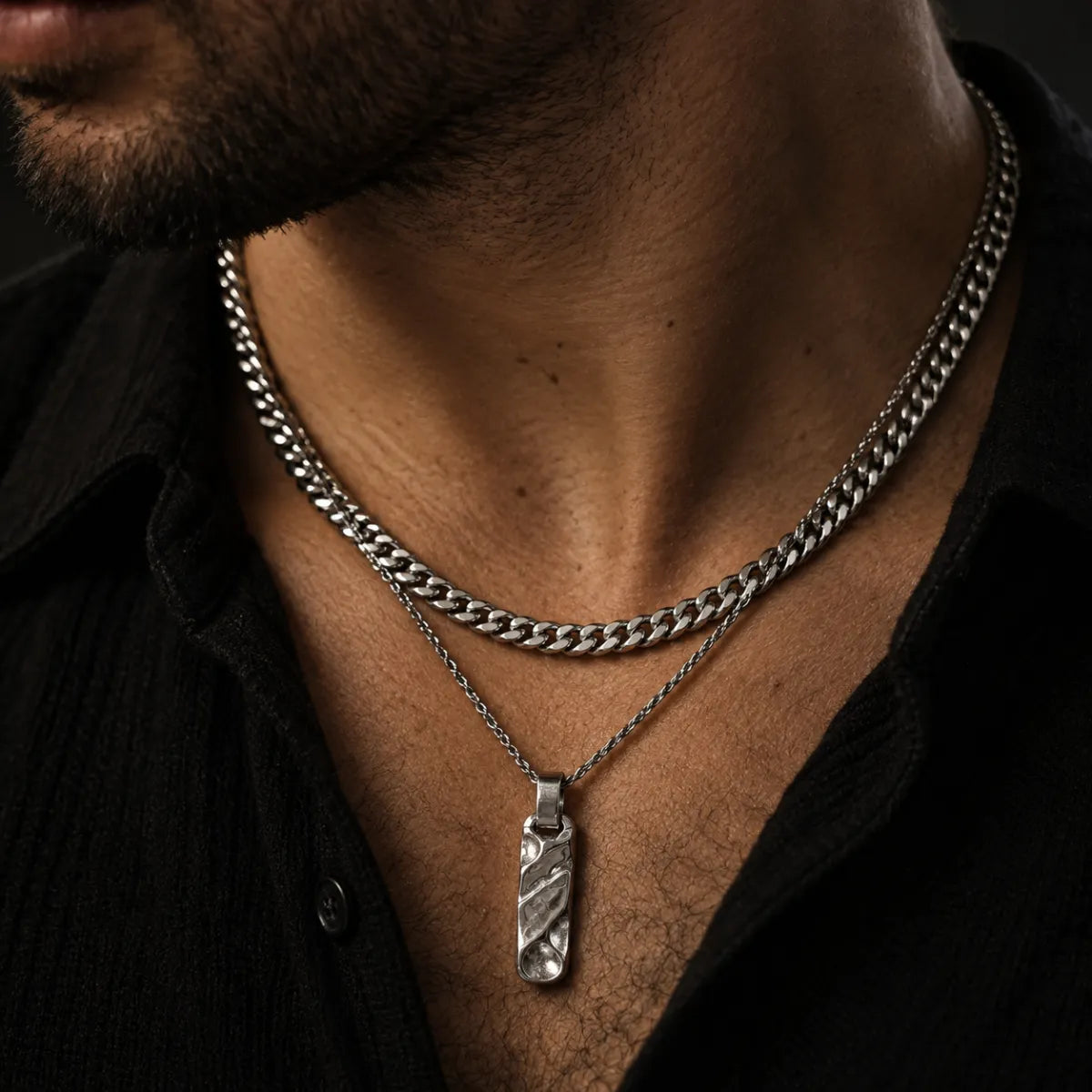 textured bar necklace layered set lifestyle black shirt