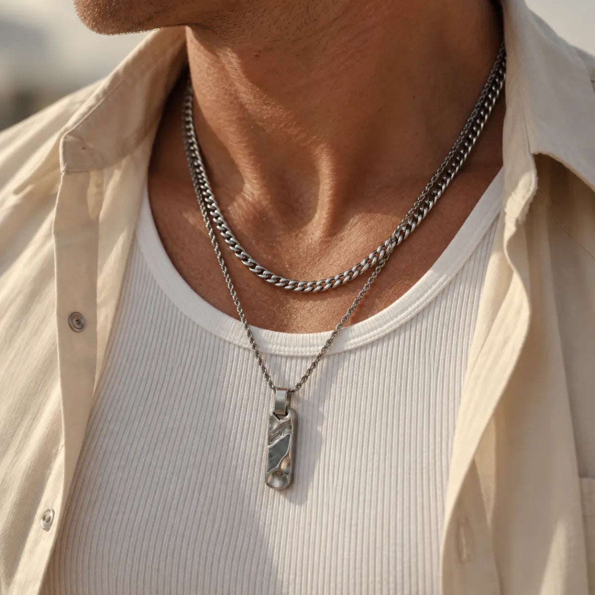 textured bar necklace layered set lifestyle white shirt