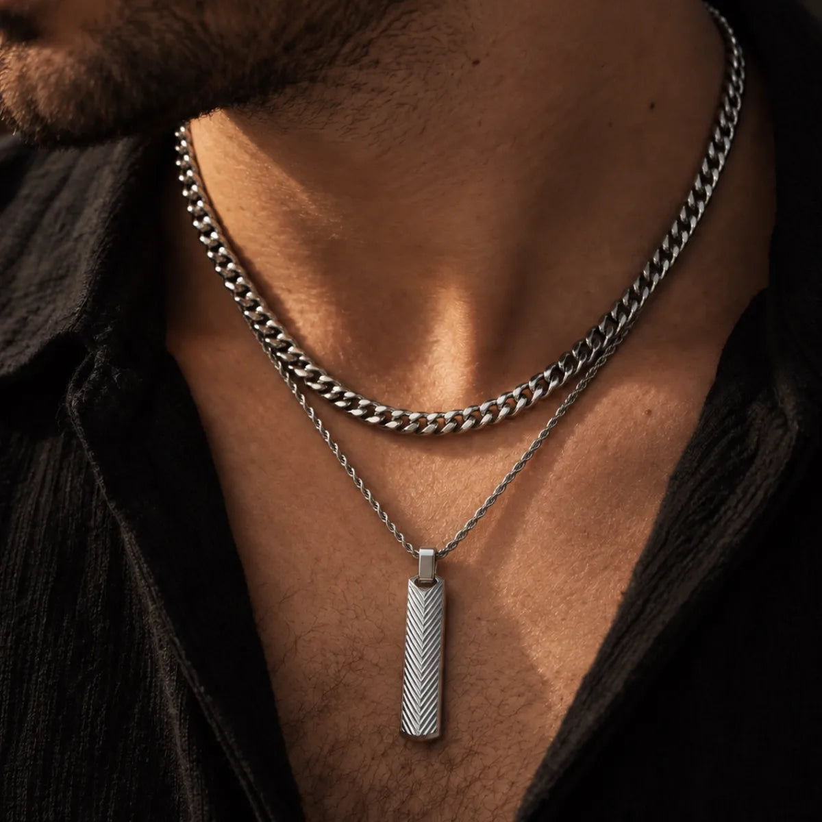 textured vertical bar necklace layered set lifestyle black shirt