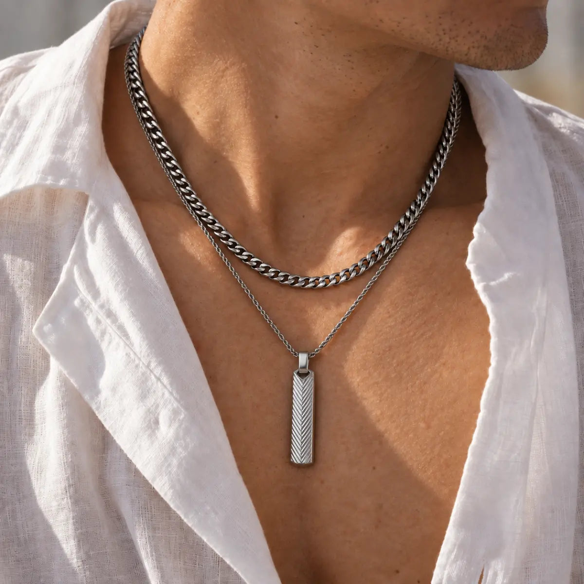 textured vertical bar necklace layered set lifestyle white shirt