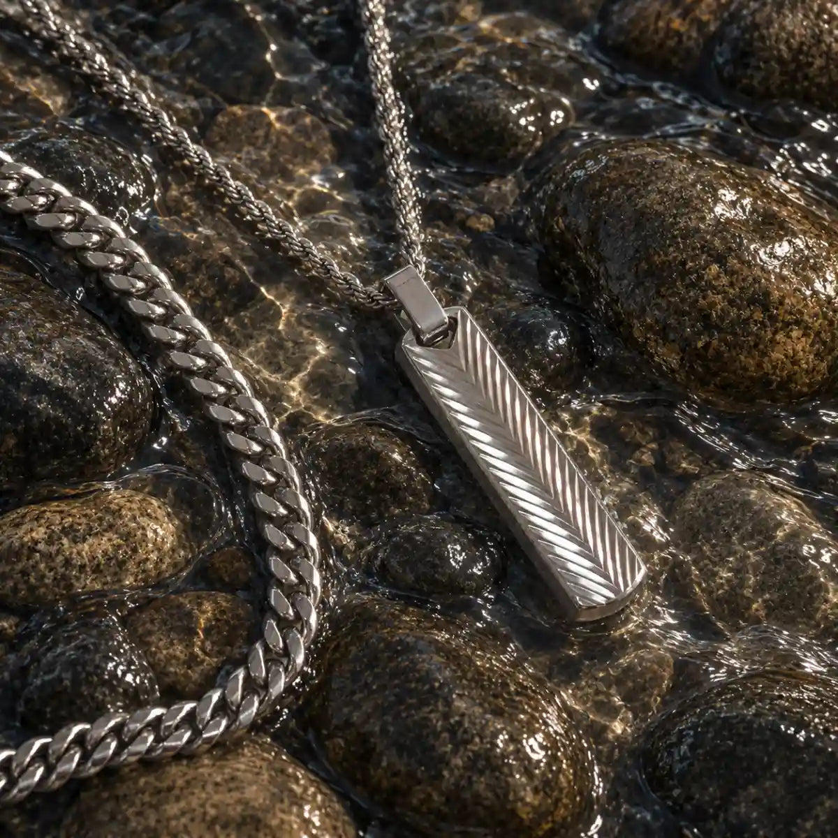 textured vertical bar necklace layered set water stone display