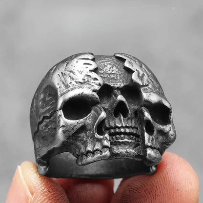 Three Headed Skull Ring Close Up Deeply Sculpted Details