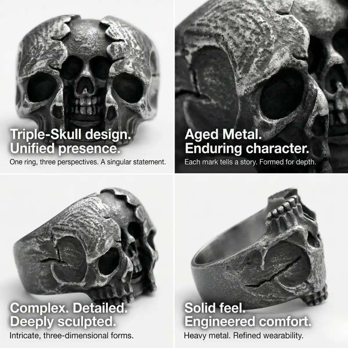 Three Headed Skull Ring Design Features Triple Skull Solid Band