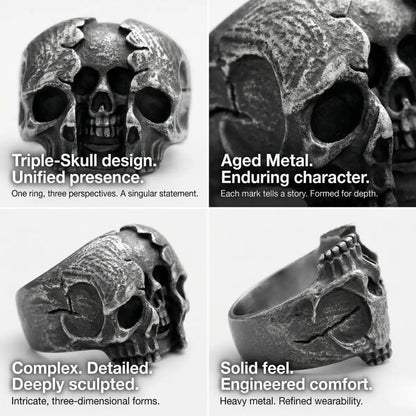 Three Headed Skull Ring Design Features Triple Skull Solid Band
